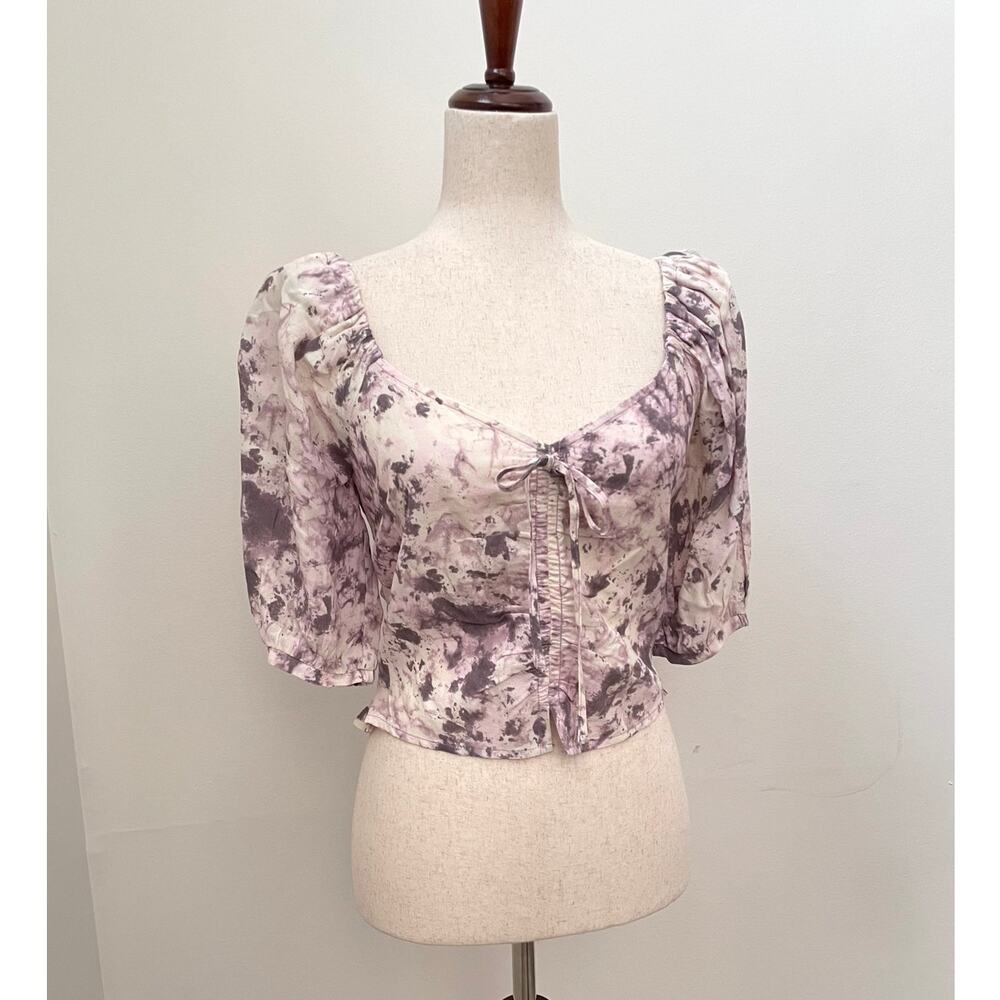 Open Edit Tie Front Puff Sleeve Top Womens S Purple Ivory Marble Coquette Preppy
